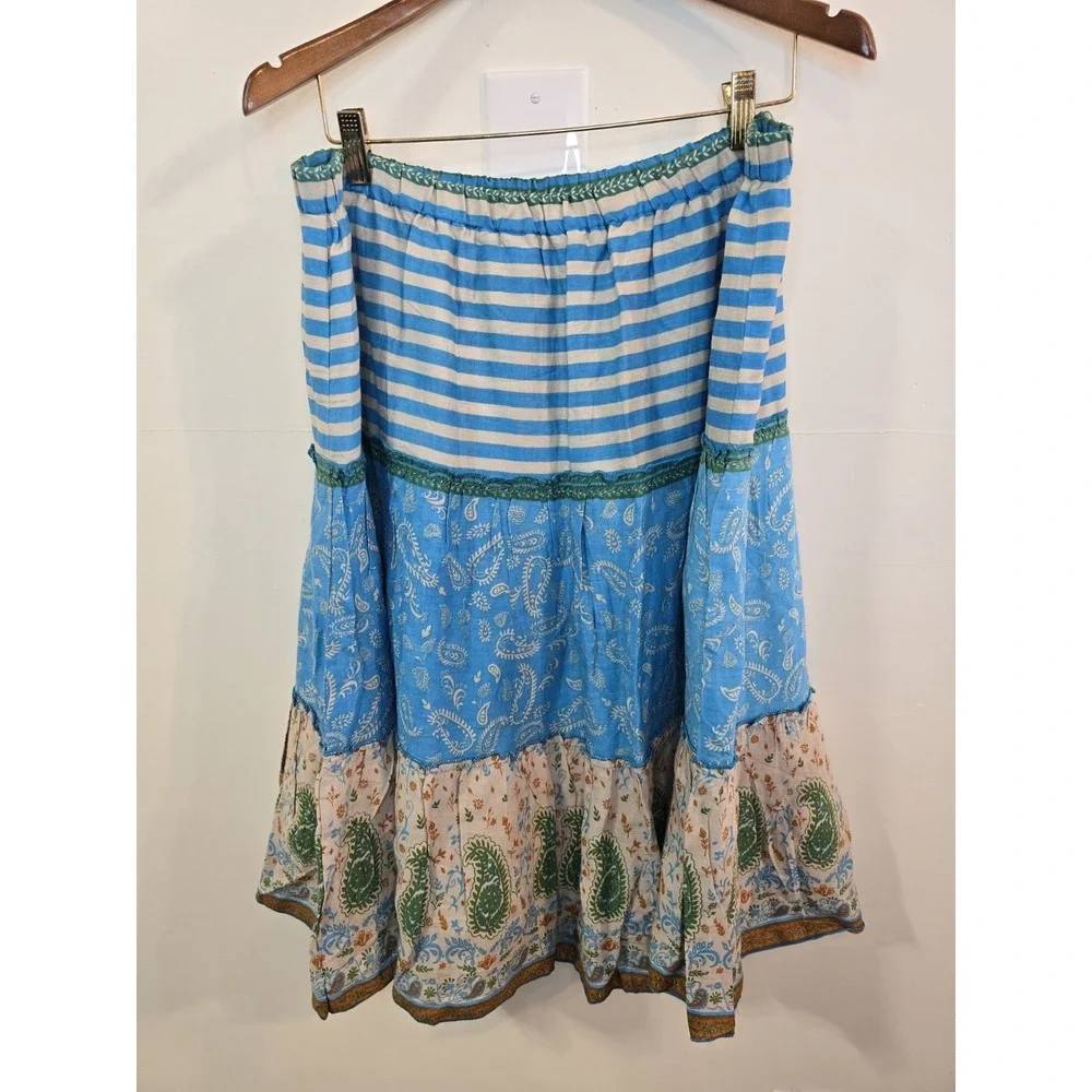Overdrive Boho Tiered Skirt XL‎ Turquoise Patchwork Paisley Striped Festival